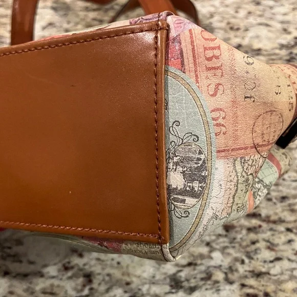 Fossil Vintage Travel Print Satchel Shoulder Bag Brown Leather Handles Cream - Picture 15 of 16